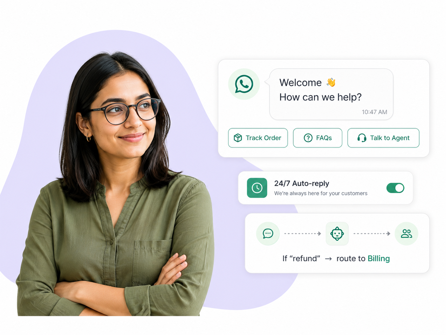 WA Desk automation building a WhatsApp chatbot flow with quick-reply buttons and a 24/7 auto-reply