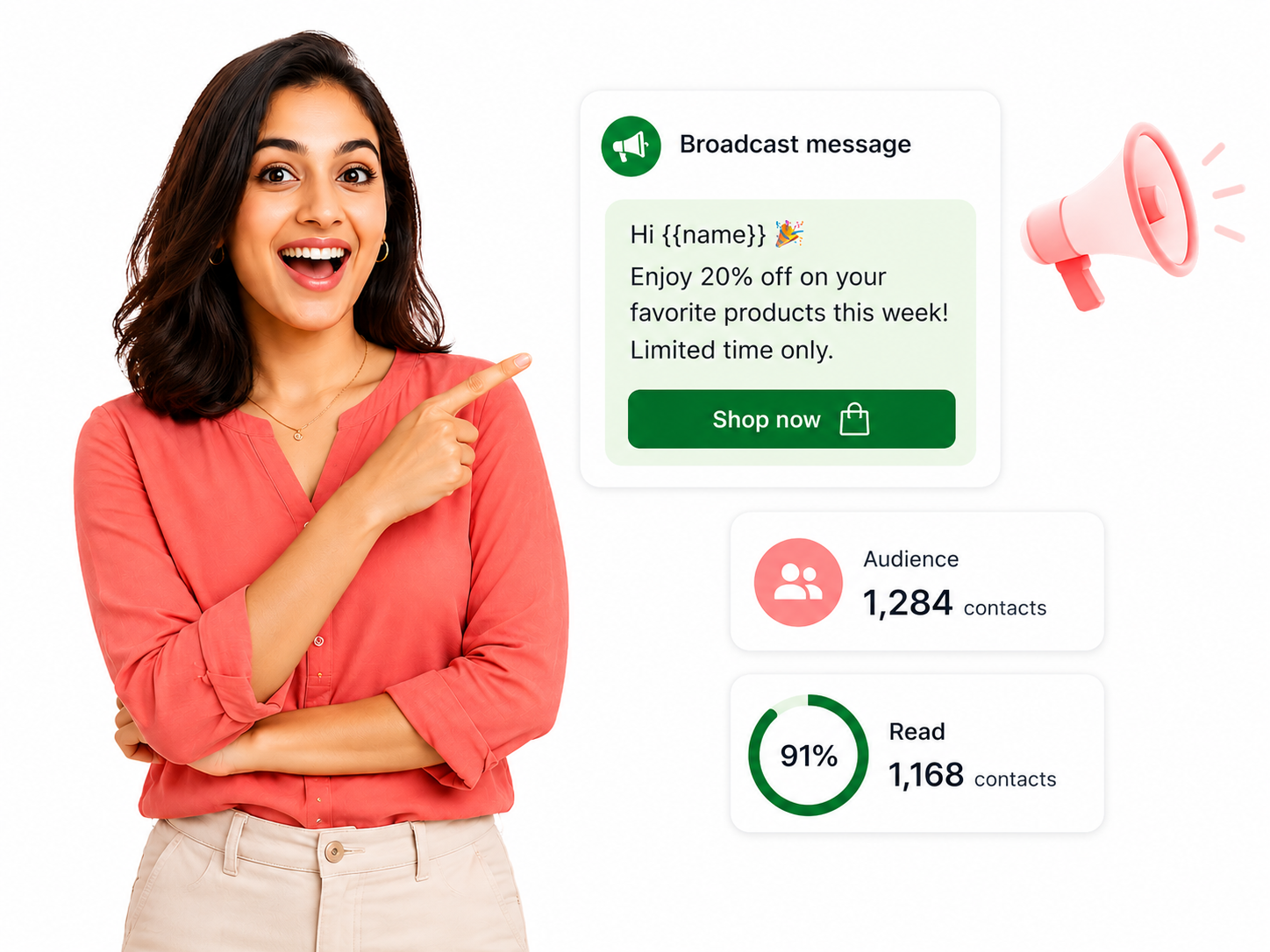 WA Desk sending a personalized WhatsApp broadcast campaign with delivery and read-rate stats