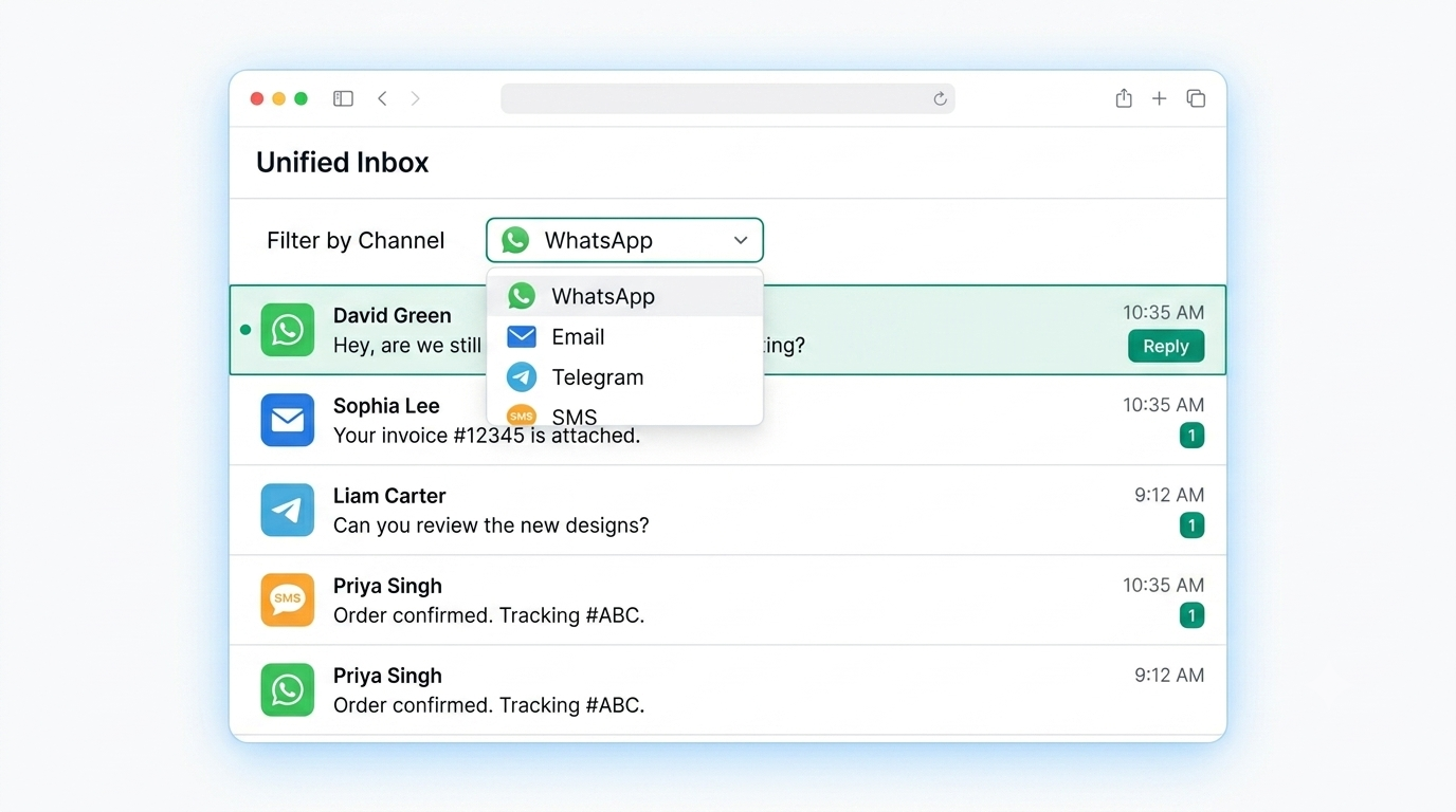 WA Desk unified inbox showing WhatsApp, email, Telegram and SMS conversations with channel tags