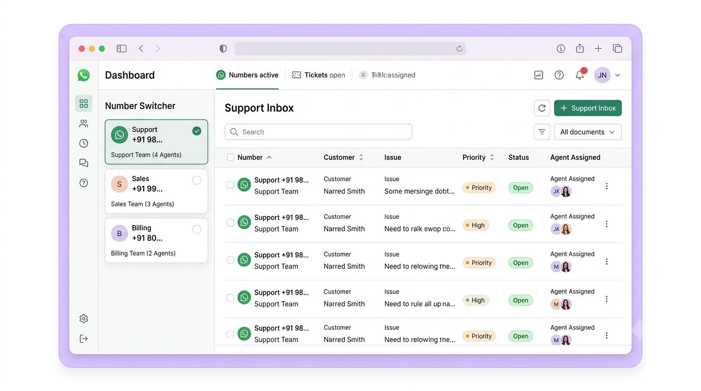 WA Desk dashboard with a number switcher for support, sales and billing WhatsApp numbers