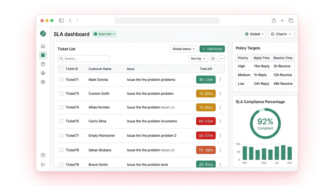 WA Desk SLA dashboard with policy targets, colour-coded countdown timers and a compliance chart