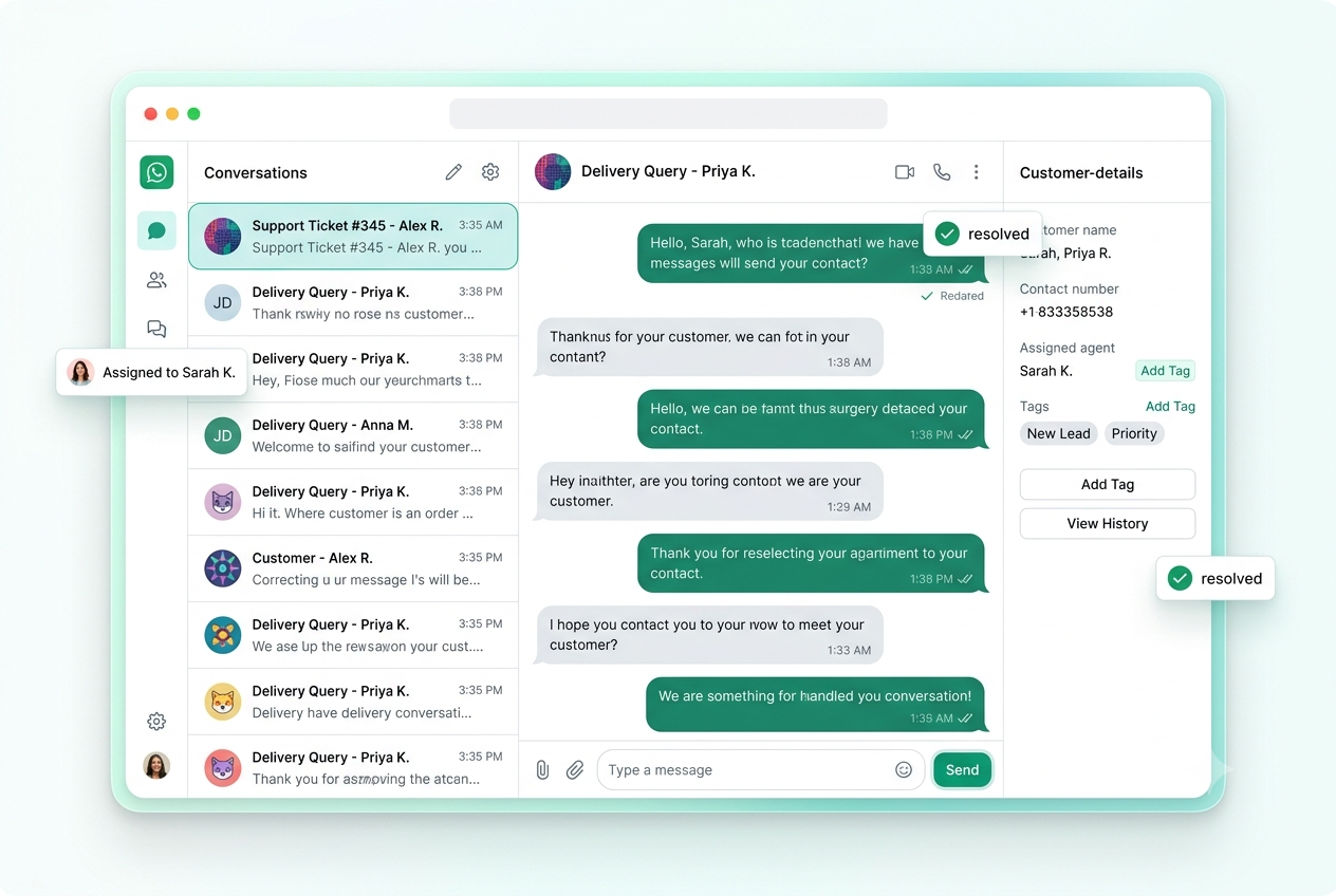 Full WA Desk team inbox screen showing the conversation list, chat window, customer details and SLA timers